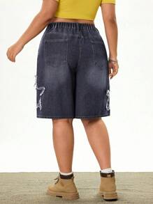 SHEIN EZwear Plus Size Women Fashionable Star Printed Brushed Denim Shorts For Summer - Black - View 2