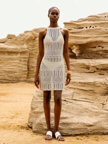 Lumivelle Women Off Shoulder Sleeveless Hollow Knitted Slip Dress