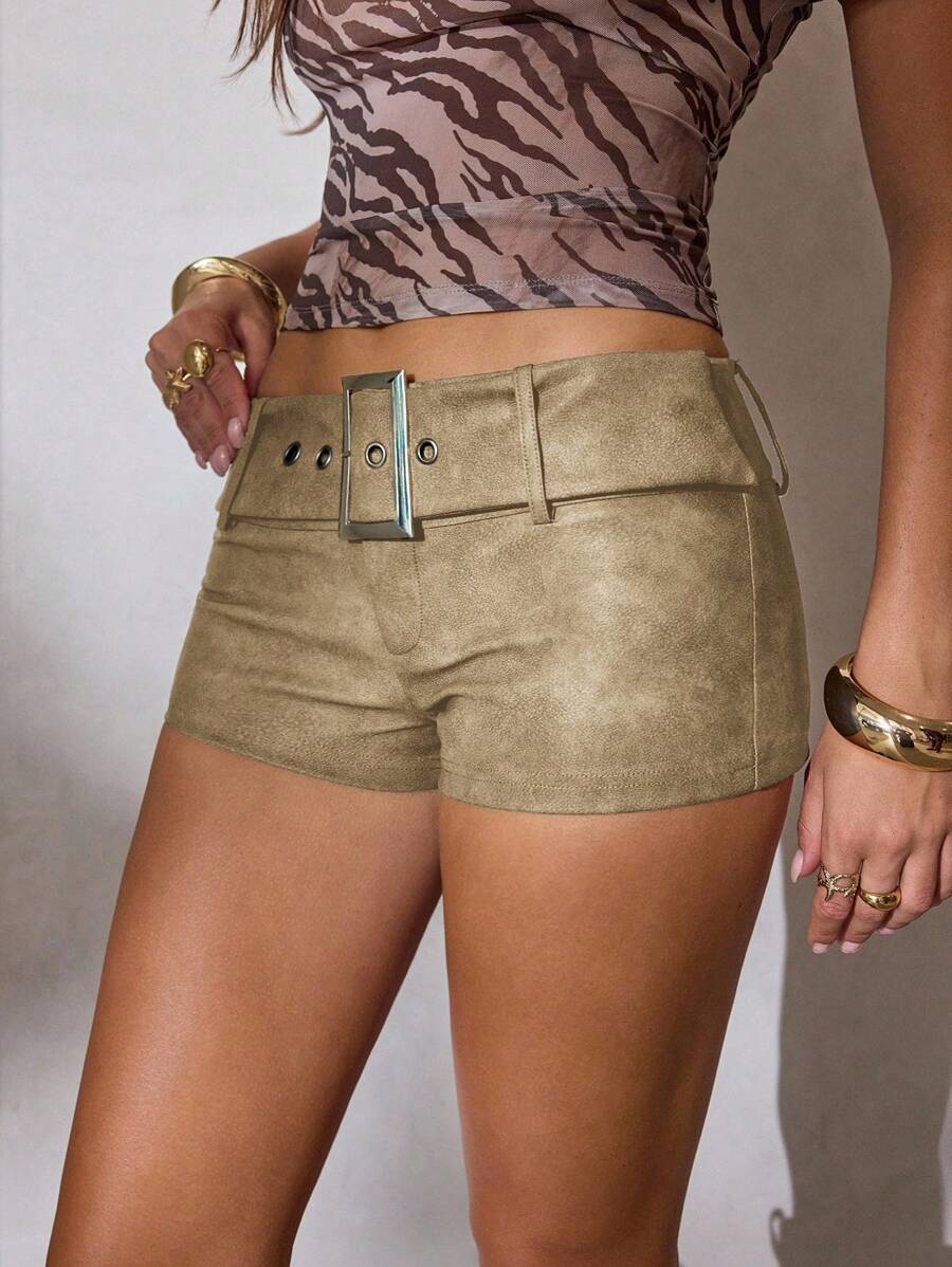 Aloruh Quần short mini nhuộm màu PU giặt cho nữ có thắt lưng, quần short phong cách cổ điển cũ kỹ cho mùa xuân hè - Màu Khaki - Xem 1