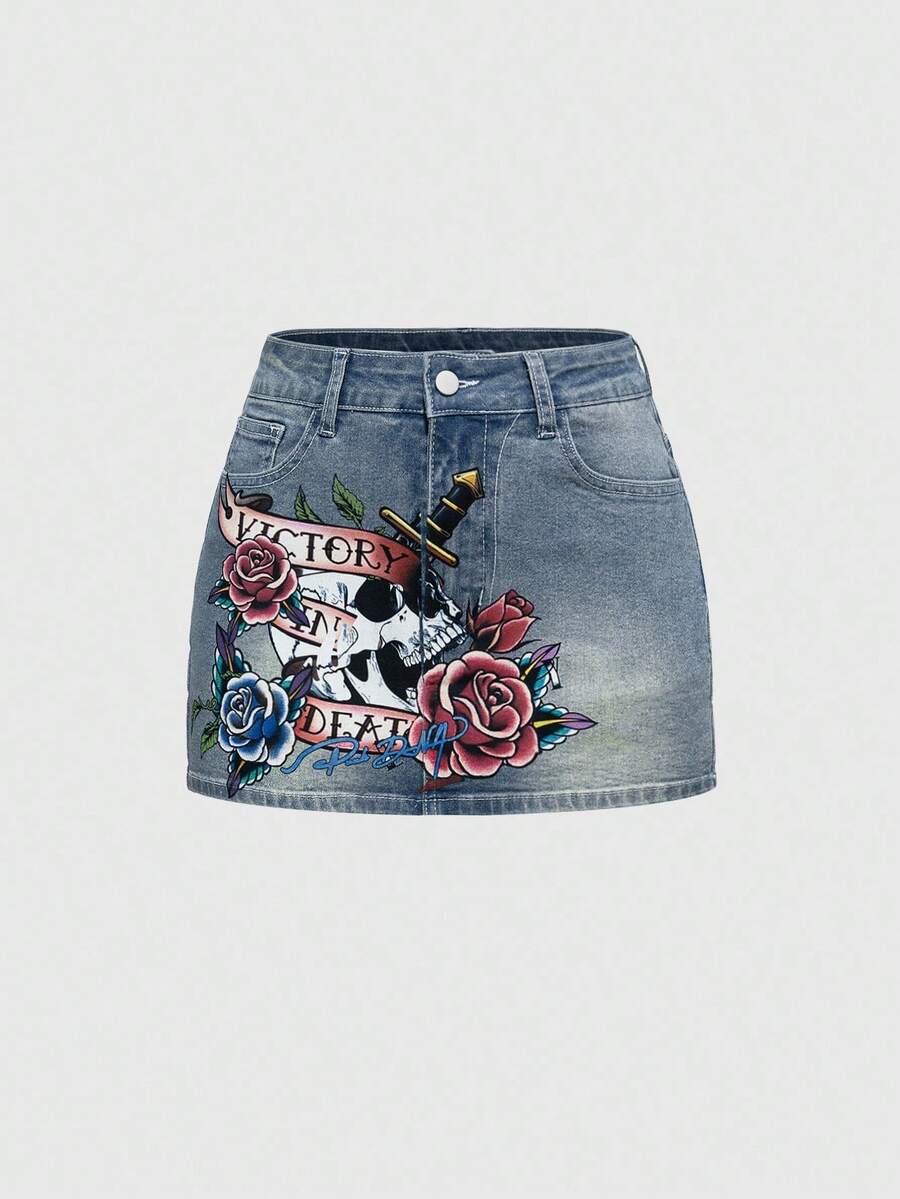 ROMWE Grunge Punk Retro Baddie Skeleton & Plant Graphic Low Waist Mini Skirt For Women - Blue - View 1