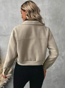 Chiquease Linho Cor Lapela Zíper Lã Cardigan Curto Casaco Casual