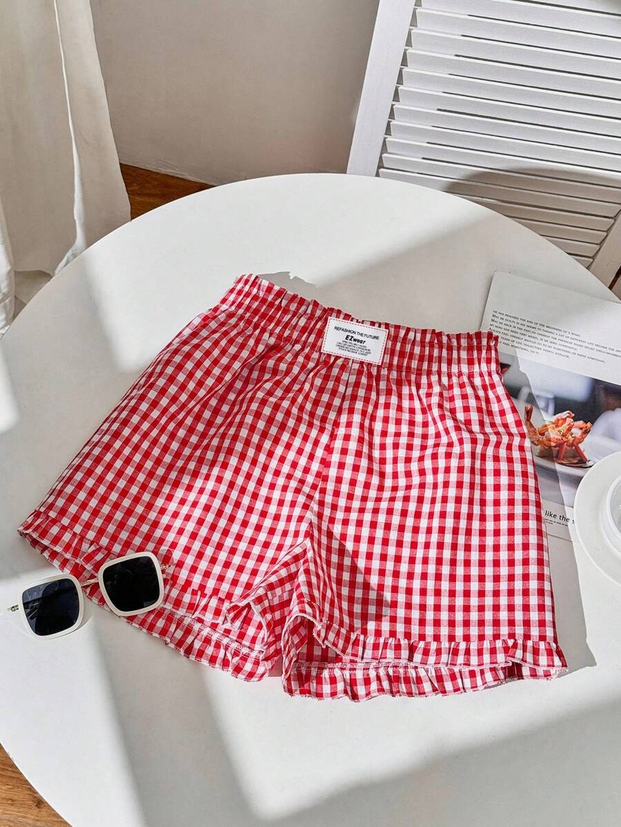 Comfortcana Women's Casual Red Plaid Ruffle Hem Shorts, Suitable For Summer - Red - View 1