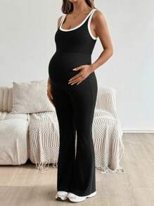 SHEIN 修身纯色孕妇连体裤，简约时尚休闲日常孕妇连体裤，孕妇套装，孕妇装，孕妇两件套 - 黑與白 - 查看 4