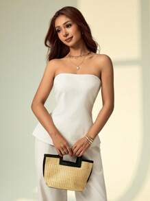 SHEIN PETITE Bộ 2 áo liền quần màu trơn đơn giản cho nữ - Màu Khaki - Xem 7