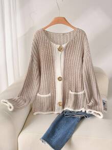 CosyJoli كارديجان محبوك سميك بألوان متباينة مع إبزيم معدني مقاس كبير للموسم الخريفي/الشتوي