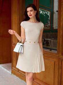 Vintamour Vestido midi elegante y clásico para mujer con detalles plisados, mangas cortas y botones metálicos, color beige, para primavera/verano - Beis - Ver 4