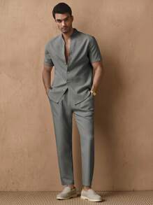 HIMLAND 2pcs Men's Casual Solid Color Slim-Fit Short Sleeve Shirt And Tapered Waist Pants Set, Suitable For Everyday Wear