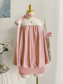 Comfortcana Spring Romantic Satin Strapless Crop Top & Midi Skirt 2 Pieces Set, Plus Size - Pink - View 3