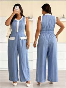 SHEIN LUNE Eleganter Jumpsuit in Große Größen mit Streifenmuster, Rüschentrimm und Knopfdetails an der Taille, ärmellos, weites Bein, Frühling/Sommer Damenmode - Blau - Übersicht 9