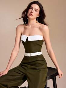 NAJILARAQUELDESIGNS 露肩撞色白色翻领阔腿休闲连体裤女夏装露肩连体裤女式连体裤抹胸连体裤阔腿连体裤优雅连体裤商务装秋装 - 軍綠色 - 查看 7