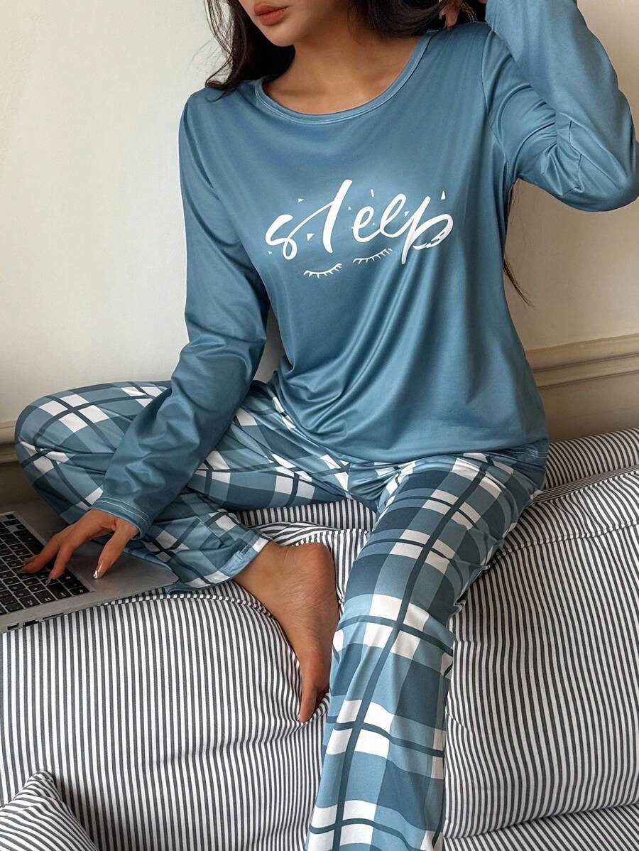 SHEIN 女士舒适针织睡衣套装，圆领设计，时尚格子印花，秋冬必备单品 - 彩色 - 查看 1