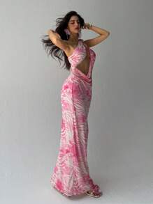 Aloruh 连体粉色印花不对称领口无袖镂空连衣裙 - 粉色 - 查看 6