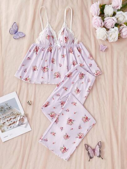 SHEIN 蕾丝拼布 V 领碎花吊带背心和裤子睡衣套装