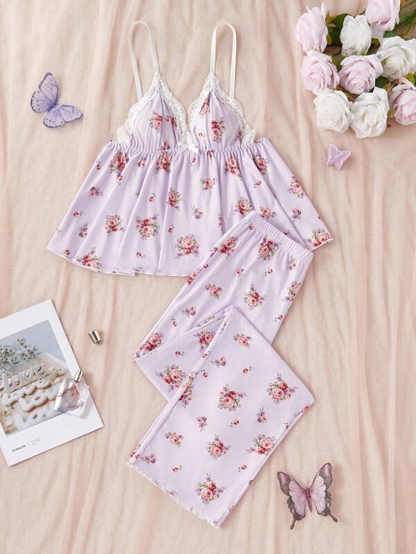 SHEIN 蕾丝拼布 V 领碎花吊带背心和裤子睡衣套装