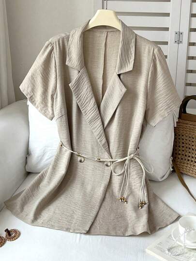 SHEIN Clasi Plus Boho, Elegant, Business Casual Summer Minimalist Chic Short Sleeve Blazer, Featuring Beaded Drawstring Waist Decoration, Small Brand Design, New Arrival Graduation,Back To School,Teacher