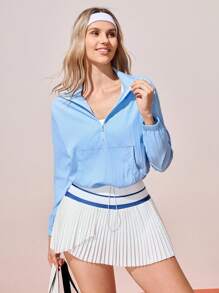 CourtClass 女士休闲运动瑜伽半拉链连帽衫，带口袋，简约设计 - 淺藍色 - 查看 5