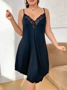 SHEIN Robe de nuisette avec empiècement en dentelle col V, vêtement décontracté pour femme, robe de nuit