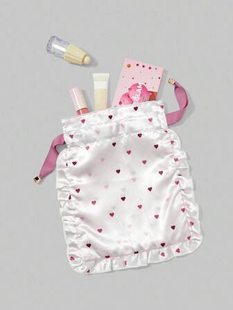 Kawaii Bolsa de cosméticos con cordón estampado con patrón de corazón, bolsa de almacenamiento de ropa interior para viajes