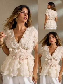 Roveilla Blusa de mujer talla grande con decoración floral 3D, manga murciélago, blanca, verano, elegante, invitada de boda, unicolor, top de vestido con volantes de perlas y flores marfil - Albaricoque - Ver 8