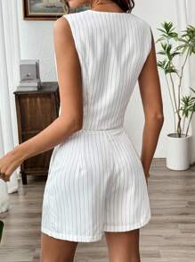 Chiquease Striped Print Button Front Vest Blazer & Shorts - White - View 2