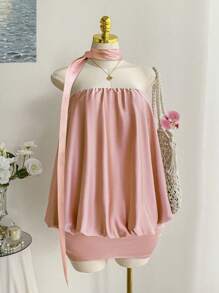 Comfortcana Spring Romantic Satin Strapless Crop Top & Midi Skirt 2 Pieces Set, Plus Size - Pink - View 5
