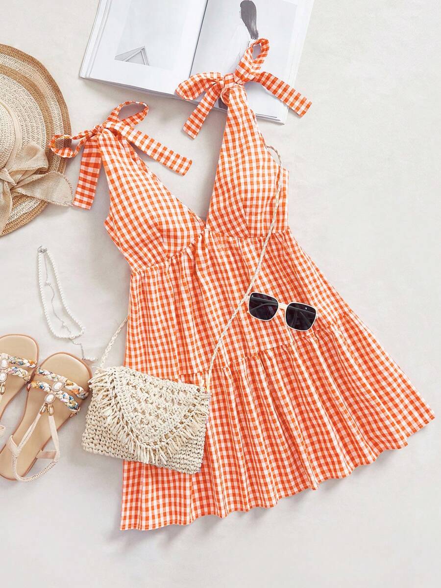 Comfortcana Women's Summer Fashionable Plaid Shoulder Tie Strap Mini Dress Orange Gingham Dress Vacation Dress - Orange - View 1