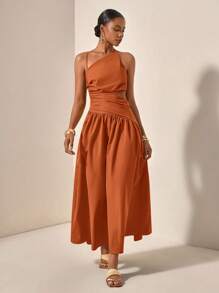 Zivah New Spring & Summer Casual Vacation Asymmetrical Hollow-Out Waist Cross-Back Dress - B Burnt Orange Dress Rust Dress Terracotta Dress - Redwood - View 6