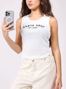 SUMWON Santa Cruz 蕾丝边无袖背心，带复古标志设计，夏季分层罗纹针织风格休闲短款背心