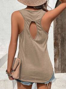 SHEIN LUNE Áo ba lỗ cổ tròn rộng rãi màu trơn cho nữ, mùa hè - Màu Khaki - Xem 3