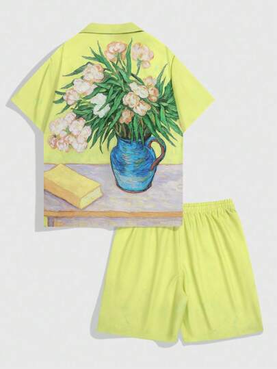Street Life 2pcs/Set Men's Summer Vacation Vase Print Front Button Short Sleeve Shirt & Shorts Set