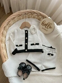 Baby Girls Elegant Contrast Binding 3D Floral Decor Woven Jacket And Elastic Waist Shorts Set, Autumn/Winter - White - View 6