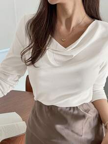 DAZY 女士圆领休闲 T 恤秋季上衣长袖上衣 - 白色 - 查看 5