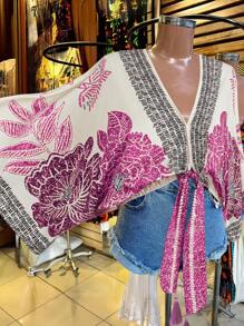 Flirla Plus Size Women's Spring/Summer V-Neck Nomadic Floral Retro Print Contrast Color Elegant Retro Casual Tie-Bow Shirt - Multicolor - View 1