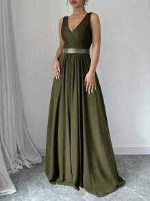 Lyxana Sleeveless V-Neck Cinched Waist A-Line Elegant & Romantic Party Dress For Women Maxi Women Outfit - Army Green - View 6