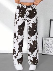 SHEIN Tall Jeans anchos y sueltos de estilo casual con estampado de vaca, jeans blancos para mujer, ropa de mujer para otoño, jeans de vuelta al colegio
