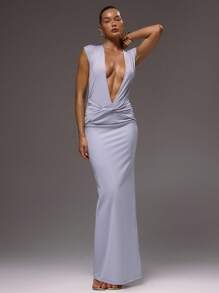 MUSERA 深V褶皱细节弹力春夏长裙性感夏季伊比沙岛度假可爱度假婚礼宾客秋季夜间外出婚礼宾客优雅约会之夜长裙 - 淺灰色 - 查看 5