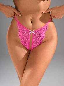 SpicyHot Solid Color Lace Bow Decor Sexy Open Crotch Panties - Hot Pink - View 4