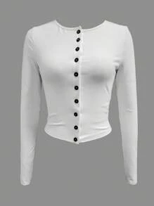 INAWLY Tricou mulat cu mânecă lungă, cu decolteu în V, de culoare uni, toamnă - alb - Vizualizare 4