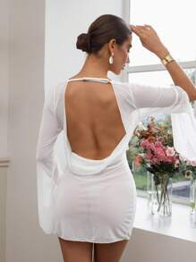 Swim Chiccia Nuovo caftano da donna in tessuto di chiffon tinta unita semi-trasparente, stile minimalista, con maniche lunghe e scollo a V profondo