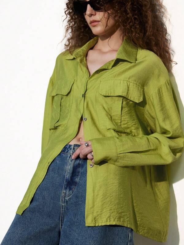 Aveloria Affinna Solid Color Commuter Style Turnover Pocket Long Sleeve Blouse