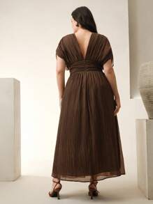 Anewsta Plus Size Women Summer V-Neck Ruched Shoulder Sleeve Dress, Suitable For Beach Vacation - Coffee Brown - View 2