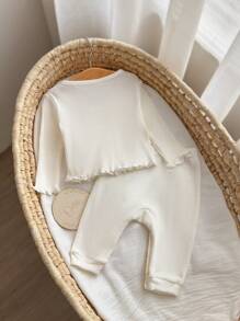 SHEIN 新生女婴纯色休闲舒适系带长袖针织上衣和裤子套装