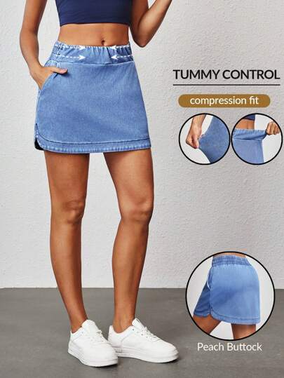 SHEIN Tall 女士休闲水洗弹力腰斜插口袋牛仔迷你裙，夏季