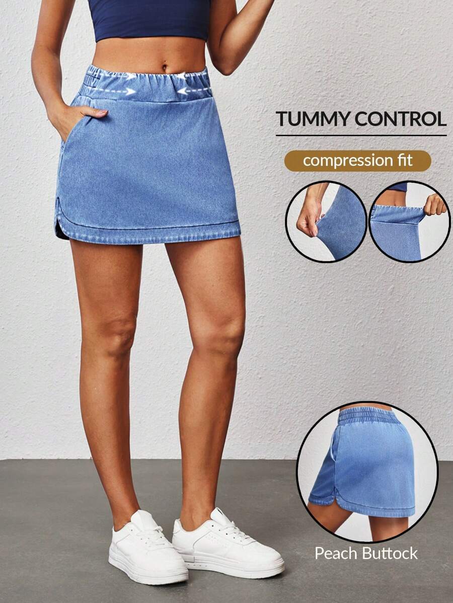 SHEIN Tall 女士休闲水洗弹力腰斜插口袋牛仔迷你裙，夏季 - 藍色 - 查看 1