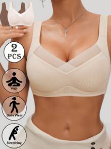 SHEIN 2pcs Women Yoga Running Crop Sleep Seamless Tops Wirefree Full Coverage Mesh Splice Minimizer Bralette Women's Lingerie & Underwear - Multicolor - View 4