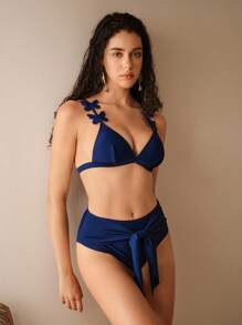 Elaire Women's Solid Color Holiday Beach Swimwear Set For Summer Beach Vacation - Navy Blue - View 4