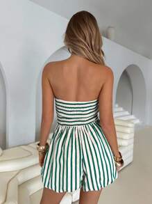 Women's Elegant Sleeveless Tube Top Vintage Style Stripe Jumpsuit With Lantern Pants, Green - Green - View 2