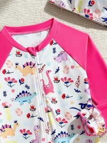 女婴沙滩装 2025 新款连体泳衣，带可爱恐龙和碎花，长袖拉链连帽上衣，时尚休闲优雅女士适合游泳、度假、夏季海滩、泳池拍照、礼物 - 玫紅色 - 查看 3