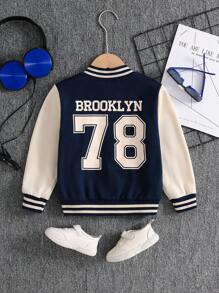 SHEIN 1pc Young Boy's Casual Baseball Jacket With Letter & Number Print, Long Sleeve, Suitable For Daily Wear, Sports, Outings, Back To School For 4-7 Years Old Boys Chic Outfits For Autumn/Winter Fall