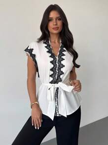 Firerie 女士白色 V 领蕾丝拼接腰带衬衫，优雅办公室女士衬衫，春夏服装，通勤、正式、工作、母亲节 - 白色 - 查看 1